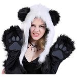 Winter Faux Fur Fluffy Furry Black White Panda Animal Hood Hat with Ears Scarf Paws Prints Pocket Mittens Gloves 3 in 1 Combo