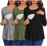 Ekouaer Women 3 Packs Nursing Shirts Long Sleeve Maternity Tops Double Layer Breastfeeding Tees Round Neck Pregnancy Blouse Black+Medium Gray+Army Green XXL