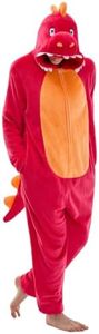 JUOLOET Unisex Adult Onesie Pajamas Dinosaur Animal One Piece Snug Fit Halloween Costume Sleepwear Homewear(Red Orange Dinosaur,X-Small)