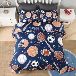 Andency Soccer Basketball Baseball Football Comforter Set Queen(90"x90"), Sport Microfiber Bedding Set for Boys Girls Kids Teens, Cartoon Ball Games Comforter 3 Pieces(1 Comforter, 2 Pillowcases)