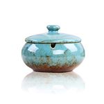 Lependor Ceramic Ashtray with Lids,Windproof,Cigarette Ashtray for Indoor or Outdoor Use，Ash Holder for Smokers,Desktop Smoking Ash Tray for Home Office Decoration - Blue