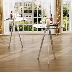SIZOTA 2 Pack Round Bar Table, 37.4" High Pub Table, 31" Small Cocktail Tables with Metal Base & Glass Top, for Small Spaces, Bistro Pub, Cafe(Silver)