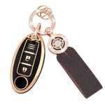 Koaudb Key Cover Fit for Nissan 350Z Qashqai Murano X-Trail Kicks Tiida Micra Pathfinder Note Juke 3 Buttons Soft TPU Car Key Case Shells with Leather Keychain Lanyard Black Gold (C-BP-Nisn-3)