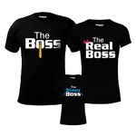 Hangout Hub HH100 The Boss The Real Boss The Ultimate Boss Cotton Family T Shirts for Dad Mom & Son (Black|Set of 3|Men XL;Women XL;Boys 6-8 Yrs)