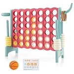 COSTWAY Giant Connect 4, 3-in-1 Family Game with Basketball Hoop, Ring Toss, 42 Jumbo Ring, 4 in A Row Game Set for Indoor Outdoor (Blue+Pink)