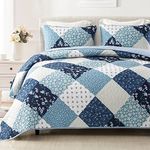 Exclusivo Mezcla Reversible Boho Quilt Set Queen Size, 3 Pieces Patchwork Blue All Season Bedspreads, Ultra Soft Floral Coverlet Bedding Set with Printed Pattern (1 Quilt, 2 Pillow Shams)