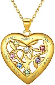 U7 Tree of Life Necklace in Heart Shape Gold Plated Sterling Silver Customized Forever Family Friend Relasionship Jewelry Pendant Personalized Engrave Name Birthstone for 7 Best Friend Mother