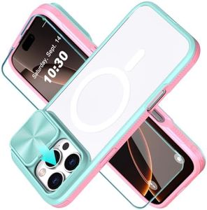 WATEFULL for iPhone 16 Pro Max MagSafe Clear Case with Slide Camera Lens Cover +1 Screen Protector, [Strong Magnets][Anti Yellow] Anti Scratch Back Women Case for iPhone 16 Pro Max 6.9"(Pink+Teal)