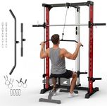 Garvee Smith Machine, 1000LBS Multi-Functional Smith Machine Home Gym, Squat Rack with LAT-Pull Down System, Power Rack with Barbell Bar, Power Cage with Attachments Full Body Training, Black/Red