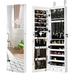 COSTWAY LED Lights Jewelry Cabinet, Door Hanging/Wall Mounted Jewelry Armoire with Full Length Mirror, Lockable Cosmetics Jewellery Storage Organiser Unit for Bedroom Dressing Room (White)