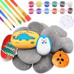 Glarks 34Pcs Rock Painting Kit, Including 15Pcs 2"-3" Flat Painting Stones River Rocks, 12 Colors Non-Toxic Washable Paint, 6Pcs Paint Brushes and 1Pc Palette for DIY Arts and Craft Activities