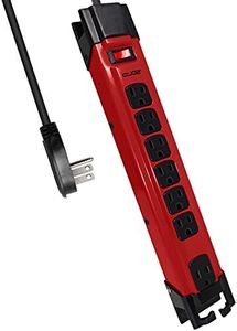 Digital Energy 15-FT 7 Outlet Metal Surge Protector Power Strip 14 AWG Extension Cord, 1350 Joules, Heavy Duty Workshop Mountable Built in Cord Management, Red