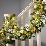 SHareconn 9FT(270 cm) Pre-Lit Artificial Christmas Garland, with Red Berries and Pine Cones, with Warm White & Multi-Color Lights with Timer Function, for Xmas Decoration, Snow