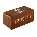 Oct17 Wooden Alarm Clock with Qi Wireless Charging Pad Compatible with iPhone Samsung Wood LED Digital Clock Sound Control Function, Time Date, Temperature Display for Bedroom Office Home- Brown