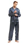 Tony & Candice Men's Classic Satin Pajama Set Sleepwear (Navy and Beige Striped, X-Large)