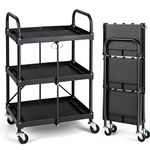 COSTWAY 3 Tiers Folding Tool Trolley, Rolling Metal Service Cart with Lockable Wheels, Tool Grooves & Handles, Heavy Duty DIY Storage Organizer for Home Garage Workshop Black