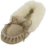 Ladies Beige/Camel Suede Moccasin Slippers with Wool Lining, Wool Cuff and Rubber Sole. Made in UK. Size 6