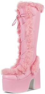 VIMISAOI Womens Mid Calf Boots, Lace Up Zip Block Chunky High Heel Punk Goth Warm Fur Winter Snow Platform Boots