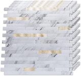 LONGKING 10-Sheet Peel and Stick Backsplash Tile, PVC Stick on Tile for Kitchen, Bathroom Vanities, Fireplace Décor - White Marble Interspersed with Metal Gold