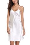 Vlazom Women Negligees Satin Nightdress Spaghetti Strap Chemises Slip V Neck Sleepwear Nightgown, White, XXL(UK 16-18)