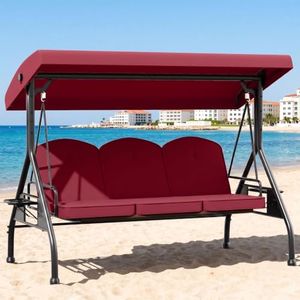 HUGCOZ Patio Swing with Adjustable Canopy 3-Seat Outdoor Porch Swing with Stand for Adults 2-in-1 Convertible Swing Bed Chair with Cushions & Cup Holder for Garden Yard Balcony Deck