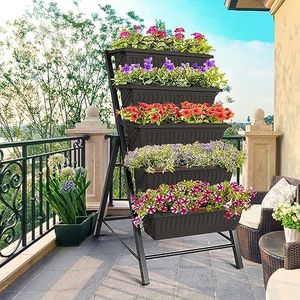 Homdox 3.74FT Vertical Raised Garden Bed, 5 Tiers Elevated Garden Planters, 23 * 26 * 45Inch Indoor Outdoor Raised Planter Box with 4 Hooks, fit for Vegetables Flowers on Patio Balcony Garden, Black