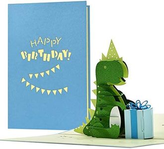 Dinosaur Happy Birthday Card for Boys, Pop Up Card for Kids with 3D Dino and Present, G26