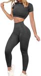 CFR Womens Workout Sets 2 Pieces Seamless Sweat Shirts Tank Crop Tops Leggings Exercise Outfits Tracksuit (A-Tee Dots Black,S)