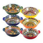 Henten Home Bowls Set with Handles, Salad Bowl Serving Plates 6pcs - 17Oz, Colorful Ceramic Bowls/Cereals Plate for Cereals Soups Salad Fruit - Bohemian Style