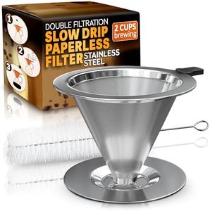 Pour Over Coffee Dripper - 3.18x4.48" Stainless Steel Pour Over Coffee Maker with Large Plastic Handle, Wide Secure Base and a Brush for Cleaning - Ensures Well-Balanced, Reach and Clean Flavor Tea