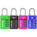 TSA Approved Luggage Locks, SURE LOCK (4 Pack) Open Alert Indicator 4 Digit Combination Padlock Codes with Alloy Body for Travel Bag, Suit Case, Lockers, Gym, Bike Locks - Black, Blue, Pink, and Green