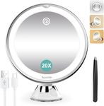 Auxmir 20X Magnifying Mirror, Rechargeable LED Magnifying Mirror with Strong Locking Suction Cup, 360° Rotating 3 Light Colors Dimmable Shaving Mirror with Touch Switch, Bathroom Mirror with Tweezer