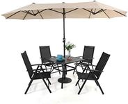 PHI VILLA Outdoor Patio Dining Set with Umbrella, Outside Table and Folding Chair Set for 4 and 1 Large Patio Table Umbrella(Beige)