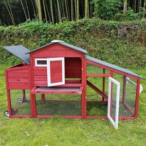 Chicken Coop and Run, Two Story Mobile Rabbit Hutch Indoor Outdoor, Wooden Hen House with Nesting Box Rabbit Cage on Wheels, Ramp, Deep No Leak Pull Out Tray, for Chick, Bunny(Red)