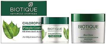 Biotique Bio Clove Purifying Anti Blemish Face Pack, 75g And Biotique Bio Chlorophyll Oil Free Anti-Acne Gel & Post Hair Removal Soother For Oily & Acne Prone Skin, 50G