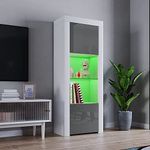 Panana 2 Door LED Tall Display Sideboards Matt Body & High Gloss Fronts Storage Cabinet with Glass Shelf for Living Dining Room W 62 x D 35 x H 160cm (Grey with White)