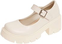 ACE SHOCK Women's Platform Mary Janes Chunky Heel Ankle Strap Uniform Dress Shoes Heeled Gothic Lolita Oxfords, Single Strap-beige, 7.5