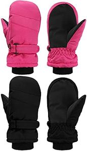 SATINIOR 2 Pairs Kids Snow Mittens Waterproof Winter Ski Gloves Warm Thicken Snow Gloves for Girls Boys (Rose Red, Black, 5-8 Years)