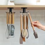 EigPluy 2pcs Under Cabinet Kitchen Utensil Hooks,360° Rotating Drilling Free Adhesive Utensils Hanging Rack for Tools/Towel/Knife (Black)