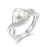 JO WISDOM Women Pearl Ring,925 Sterling Silver Cubic Zirconia Infinity Pearl Ring with 7mm Round White Pearl Ring size 10