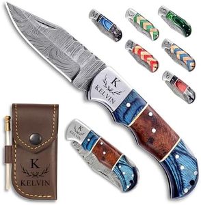 Custom Pocket Knife gifts for Men, Personalized Damascus Folding Knife, Engraved Gifts for Him, Dad, Boyfriend, Husband, Anniversary, Groomsmen Gifts. Custom Knife for Camping Hunting Everyday Carry (Brown Blue)