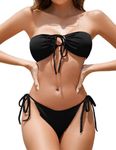 Women Bandeau Bikini Sets Ribbed Strapless Two Piece Swimsuit Tie Side Cheeky Bathing Suits, Black, Large