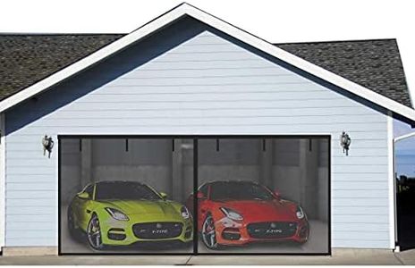 Garage Door Screen for Double Garage Doors 16x7ft, Reinforced Fiberglass Mesh Durable Garage Screen Curtain Cover Kit with Magnetic Closure Weighted Bottom（6 Strapping Tapes Include） Black