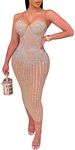 HRESSLBD Women's Rhinestone Spaghetti Strap Bodycon Midi Dresses, Sexy Mesh See Through Club Night Out Cocktail Party Dress, Champagne a, X-Large