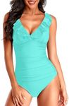 Holipick Women One Piece Swimsuits Tummy Control Bathing Suit Ruffle V Neck Swimwear Slimming, Aqua, Small