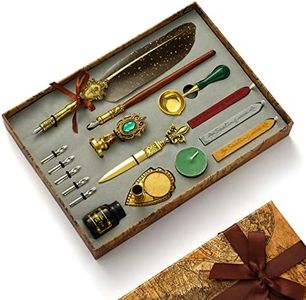 JasCherry Juego de Pluma de Inmersión, Pluma y Tintero Antiguo con Sellos de Cera, 5 Plumines Adicionales y Tinta, Bolígrafos de Caligrafía para Arte, Escritura, Firma, Decoración, Regalo
