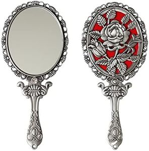 SEHAMANO Vintage Hand Mirror with Embossed Rose on The Back Handheld Makeup Beauty Metal Mirror Compact Purse Small Mirror (Tin (Matt Silver))