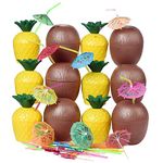 NINU 12 Pack Coconut Pineapple Cups with 12 Umbrella Straws and 12 Umbrella Cocktail Drinking Picks, Hawaiian Luau Tiki and Beach Theme Party Decorations for Kids and Adults