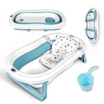 Baby Bathtub Portable Collapsible Toddler Bath tub, Foldable Infant Bath Tubs with Cushion,Children's Balls, Baby Hair Washing Cup for Newborn Infant Toddler Baby (Blue（thermometer）)