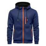 Rela Bota Mens Fashion Hoodie Long Sleeve Fleece Zip Up Sports Jacket Fluorescent Pullover Dark Blue L